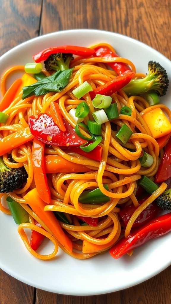 Stir-Fried Noodles with Vegetables A plate of stir-fried noodles with bell peppers, carrots, and broccoli, garnished with green onions.